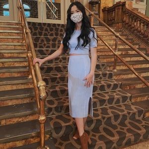 Blue crop knit top & slip hem skirt set SHEIN